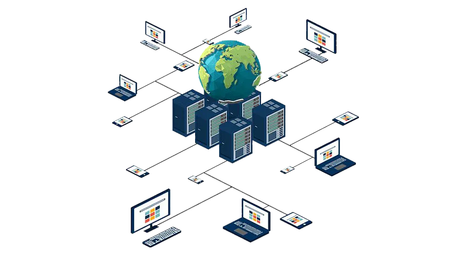 An isometric illustration on a black background showing a central globe resting on a cluster of server towers, with network lines connecting them to various devices including desktop computers, laptops, and tablets.