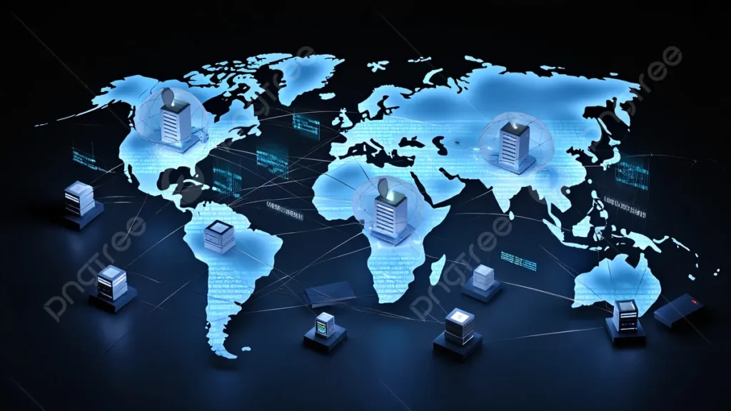A stylized 3D world map glowing in blue, showing server towers positioned across different continents interconnected by lines of digital data, representing a global high-speed network.