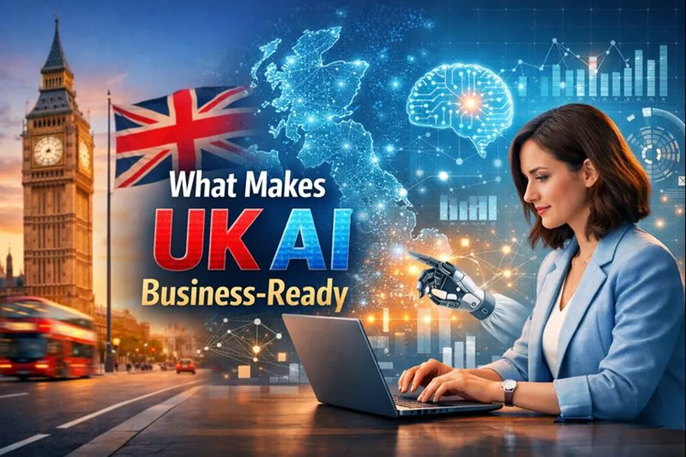 A conceptual digital graphic titled 'What Makes UK AI Business-Ready.' The image features a woman working on a laptop in the foreground, a robotic hand interacting with digital data, and a background blending London's Big Ben with a glowing digital map of the United Kingdom and AI neural network icons.