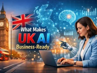 A professional woman uses a laptop in front of a digital composite showing Big Ben, the UK flag, a holographic map of Britain, and a glowing neural network brain icon.