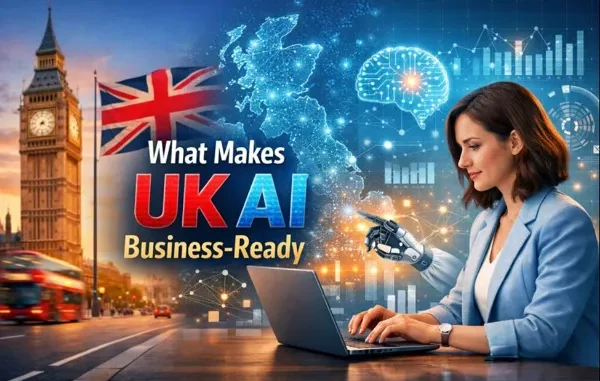 A professional woman uses a laptop in front of a digital composite showing Big Ben, the UK flag, a holographic map of Britain, and a glowing neural network brain icon.