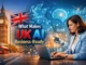 A professional woman uses a laptop in front of a digital composite showing Big Ben, the UK flag, a holographic map of Britain, and a glowing neural network brain icon.
