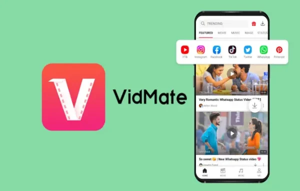 A smartphone screen showing the VidMate app interface with options to download videos from YouTube, Instagram, and Facebook in various resolutions like HD and 4K.