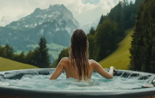 Back view of a woman with wet hair soaking in a steaming outdoor hot tub overlooking a lush valley and jagged mountain peaks.