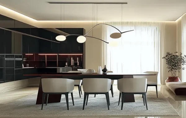 A modern luxury dining room featuring white sculptural chairs with curved silhouettes, a dark minimalist table, and a futuristic organic pendant light against a backdrop of dark kitchen cabinetry.