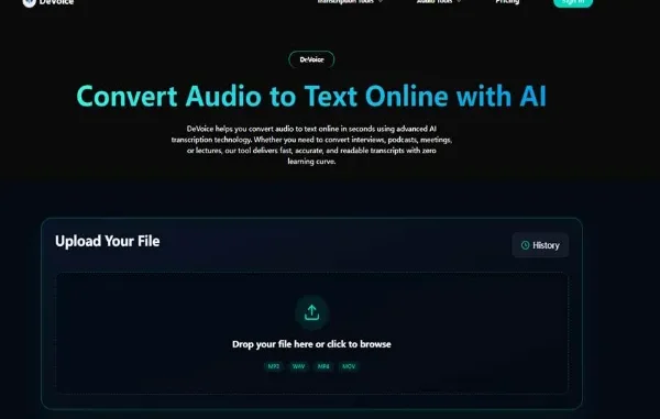 A sleek, dark-themed web interface for DeVoice AI featuring a file upload "drag and drop" zone for converting audio files like MP3 and WAV to text.