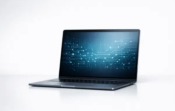 A modern silver laptop open on a white surface, displaying a glowing blue digital interface composed of circuit board patterns, binary code, and interconnected data nodes.
