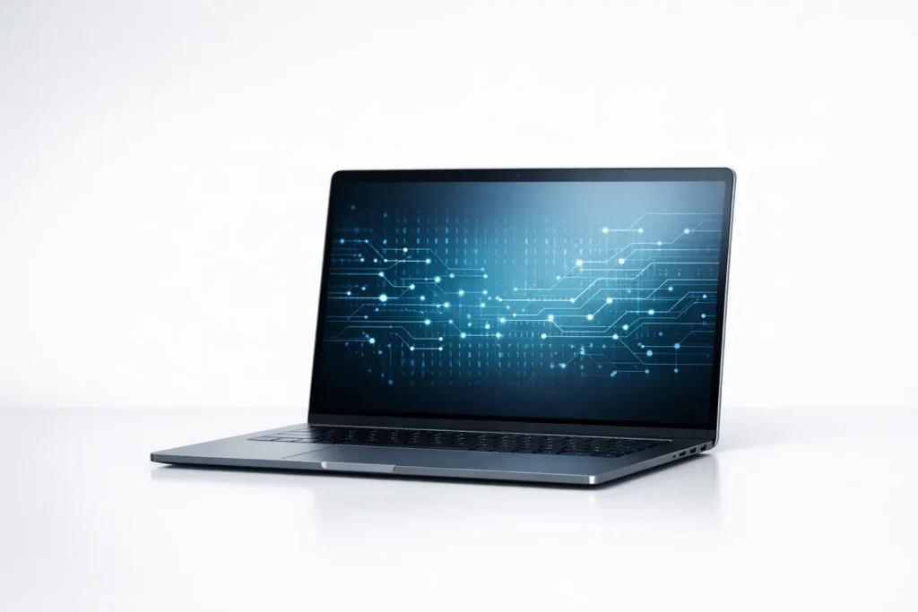 A sleek, modern laptop open on a white surface, displaying a digital glowing circuit board pattern and binary code on the screen, symbolizing artificial intelligence and data processing.