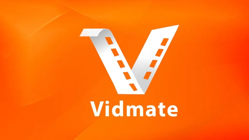 The VidMate logo featuring a stylized white "V" designed to look like a film strip, set against a vibrant orange gradient background with the brand name "VidMate" in white bold text below.