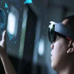 A person wearing an advanced AR headset interacting with a glowing, holographic digital globe suspended above their hand, representing the future of interactive live dealer technology.