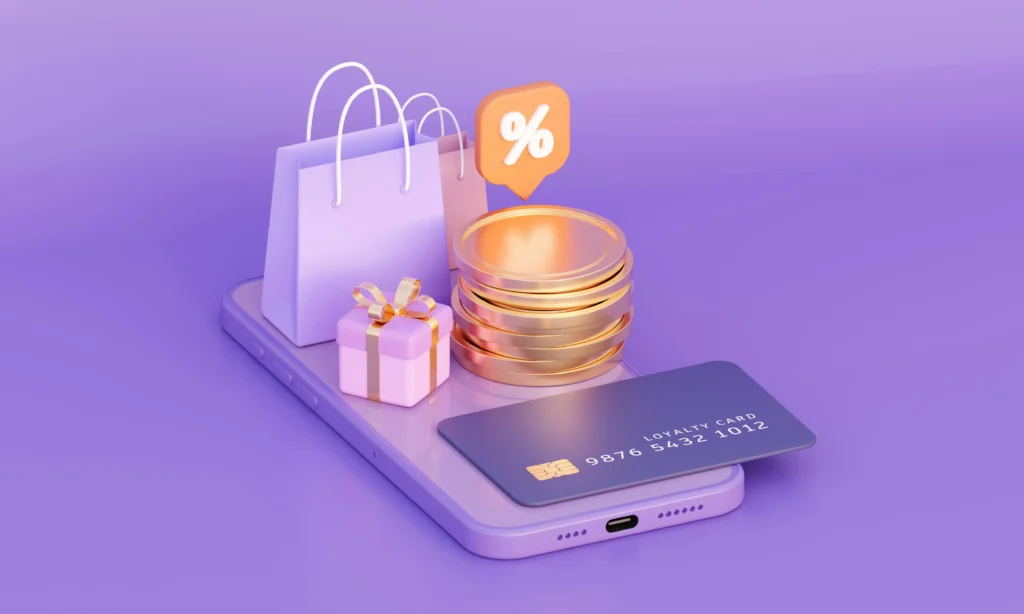 A 3D stylized illustration on a purple background showing a smartphone with various rewards resting on its screen: a stack of gold coins, a gift box with a gold ribbon, shopping bags, and a "loyalty card" featuring a gold chip. A percentage symbol floats in a speech bubble above the coins, representing cashback and exclusive banking benefits.