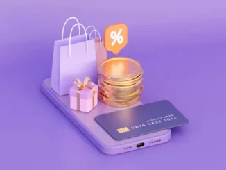 A 3D illustration of a smartphone featuring gold coins, shopping bags, a gift box, and a loyalty card against a purple background.
