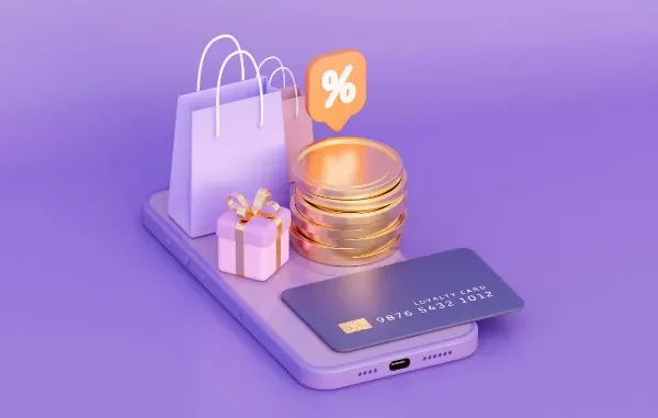 A 3D illustration of a smartphone featuring gold coins, shopping bags, a gift box, and a loyalty card against a purple background.