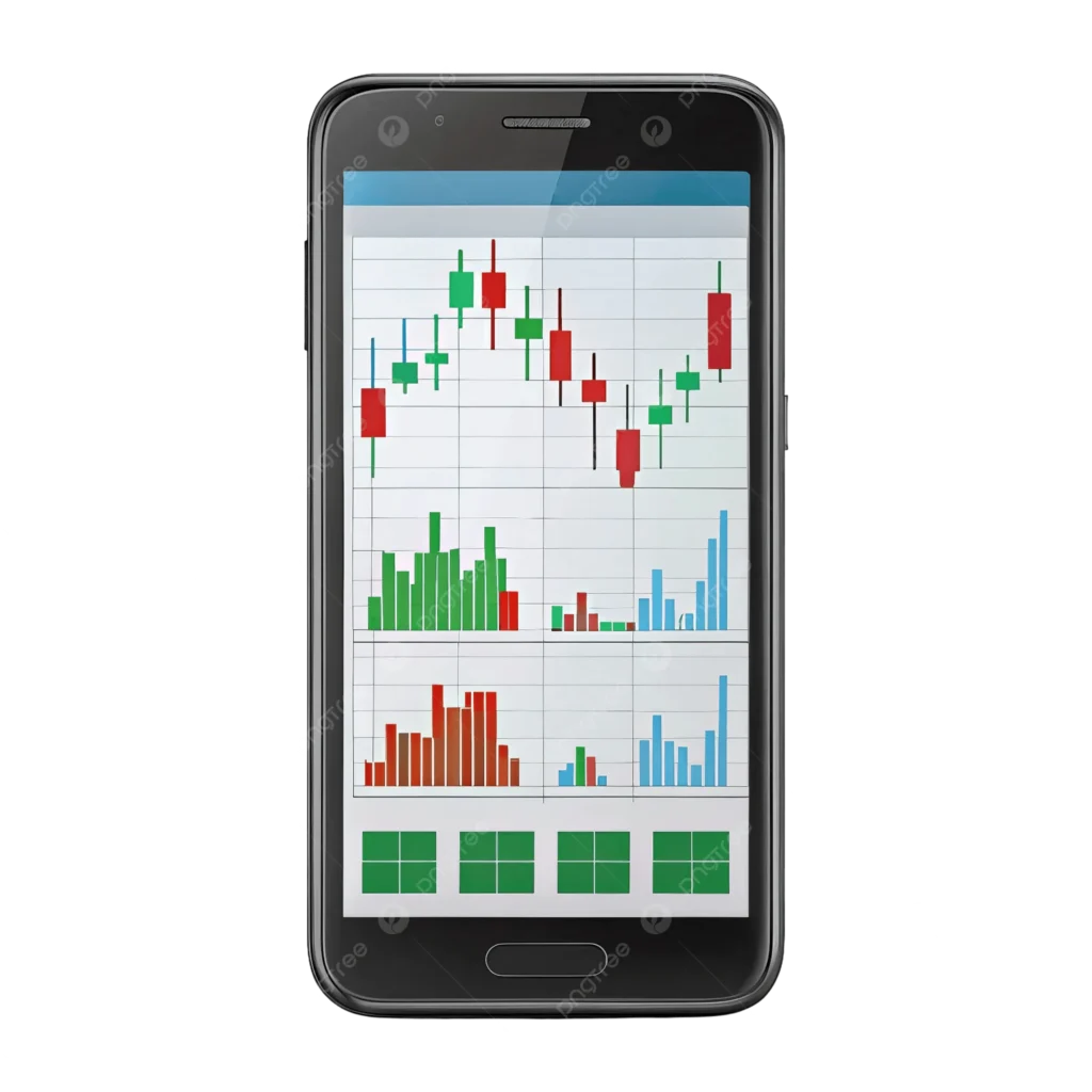 A person holding a smartphone displaying real-time candlestick charts and technical analysis for intraday stock trading in India.