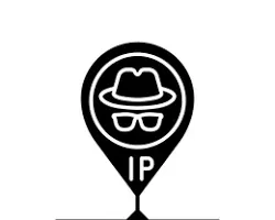 A black map pointer icon containing an incognito Fedora hat and glasses symbol with the letters "IP" at the bottom.