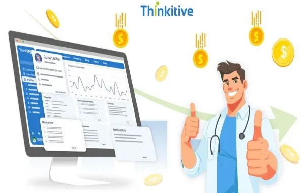 An illustration of a doctor giving a thumbs up next to a computer screen displaying a custom EHR dashboard with falling gold coins, symbolizing cost savings.
