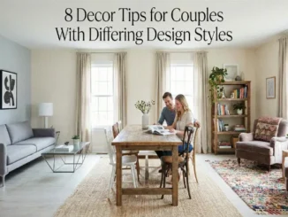 A couple sits at a rustic wooden dining table in a bright, open-plan living room that blends modern furniture with traditional accents.