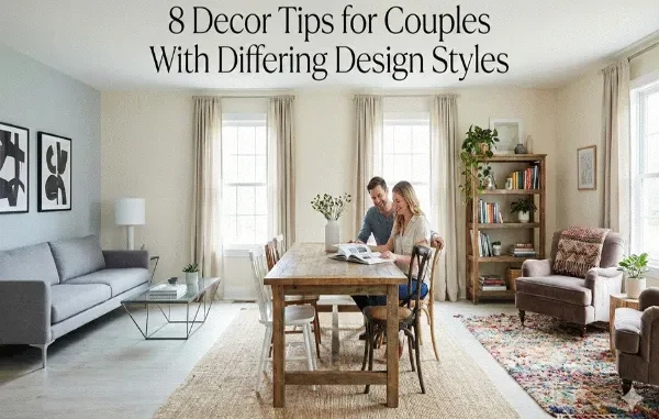 A couple sits at a rustic wooden dining table in a bright, open-plan living room that blends modern furniture with traditional accents.