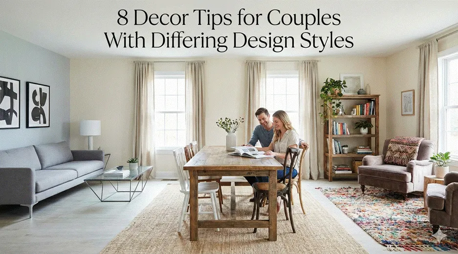 Couple reviewing home decor ideas in a neutral living room blending modern and traditional design styles