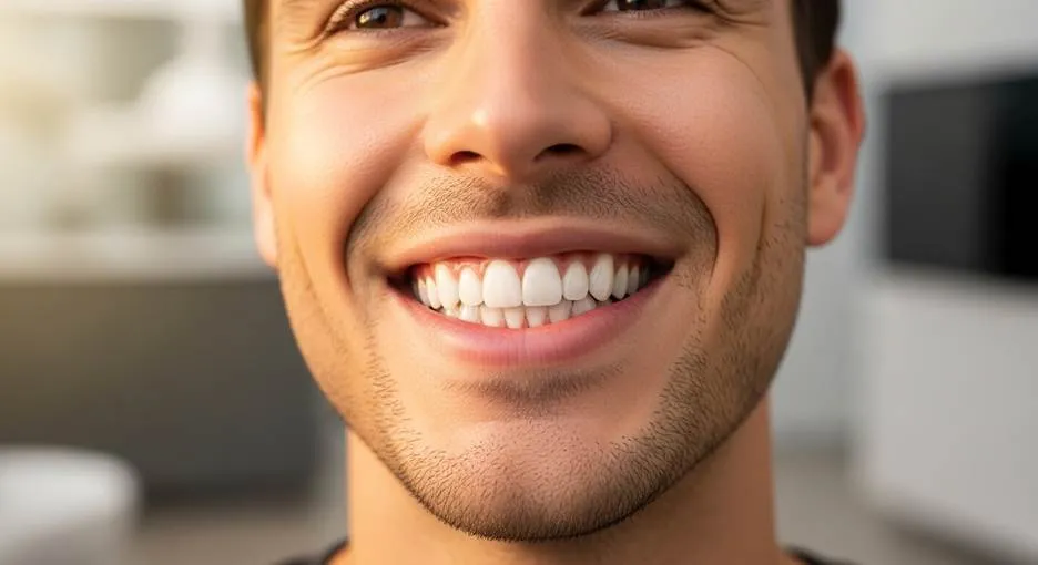 Close-up of a man’s confident smile showcasing bright, natural-looking E-Max veneers with healthy gum alignment.