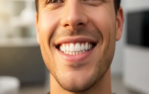 Close-up of a man with a bright, symmetrical, and natural-looking smile following an E-Max veneer procedure.
