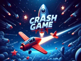 Stylized 3D illustration of a rocket and a red airplane ascending through space with the text "CRASH GAME," representing the core mechanics of crash gambling games.