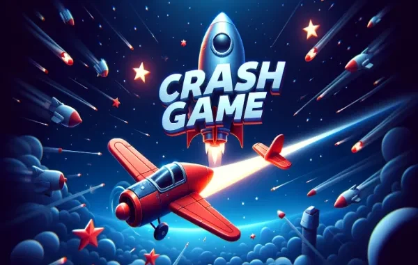 Stylized 3D illustration of a rocket and a red airplane ascending through space with the text "CRASH GAME," representing the core mechanics of crash gambling games.