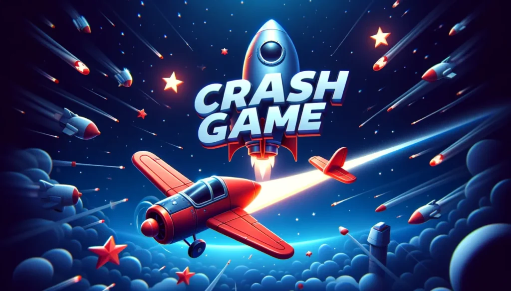 A vibrant, stylized digital illustration titled "CRASH GAME" featuring a sleek silver rocket ship launching upward amidst a fleet of red cartoon airplanes and missiles. The scene is set against a deep blue cosmic background filled with glowing stars and dramatic light trails, visually representing the rapid ascent and high-stakes mechanics of crash-style gambling games.