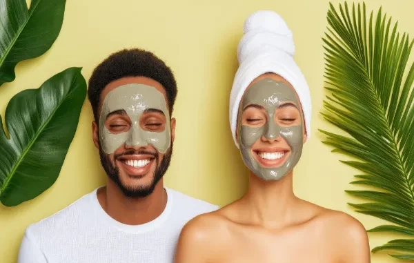A smiling man and woman with clay face masks applied, framed by tropical green leaves against a soft yellow background, representing a holistic approach to self-care and wellness.