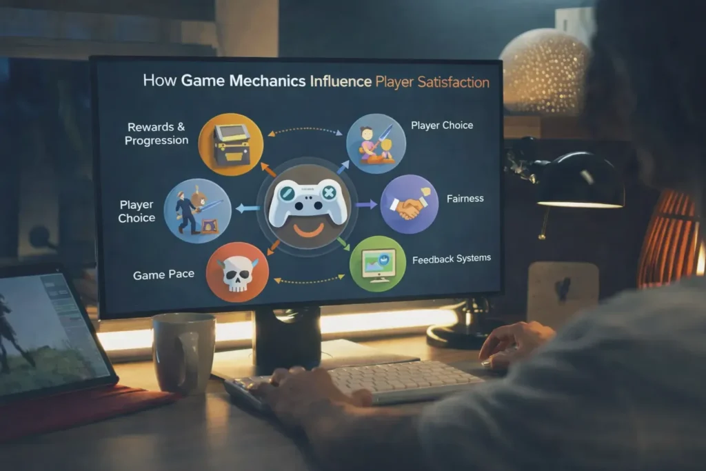 An infographic on a computer monitor titled "How Game Mechanics Influence Player Satisfaction." The graphic features a central game controller icon surrounded by six interconnected circles labeled: Rewards & Progression, Player Choice (listed twice), Game Pace, Fairness, and Feedback Systems. Each category includes a representative icon, such as a treasure chest for rewards and a skull for game pace.