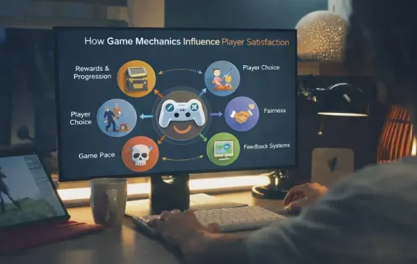 An infographic on a computer monitor showing six key game mechanics: Rewards & Progression, Player Choice, Fairness, Feedback Systems, Game Pace, and an additional Player Choice node, all orbiting a central game controller icon.