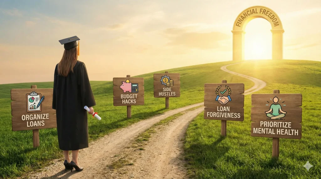 An illustration of a graduate walking a path toward financial freedom, passing signposts with strategies for paying off student loans.