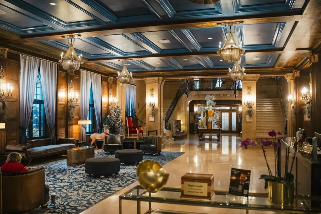A wide shot of a luxurious hotel lobby featuring dark wood-paneled walls, ornate chandeliers, blue coffered ceilings, and plush seating areas during a festive season.