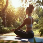 A woman practicing yoga in a sunlit garden, embodying the peace that comes when you learn to feel good in your skin.