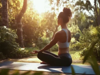 A woman practicing yoga in a sunlit garden, embodying the peace that comes when you learn to feel good in your skin.