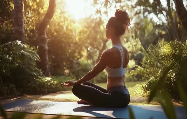A woman practicing yoga in a sunlit garden, embodying the peace that comes when you learn to feel good in your skin.