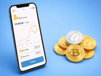 A smartphone displaying a Bitcoin price chart and secure wallet balance next to a stack of physical gold and silver cryptocurrency coins on a blue background.