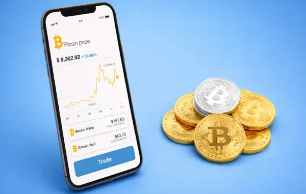 A smartphone displaying a Bitcoin price chart and secure wallet balance next to a stack of physical gold and silver cryptocurrency coins on a blue background.