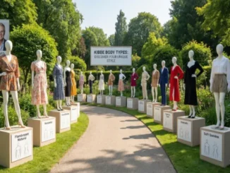 A curved path in a garden lined with mannequins on pedestals, each dressed in clothing styles representing different Kibbe body types like Flamboyant Natural, Romantic, and Soft Gamine.