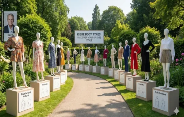 A curved path in a garden lined with mannequins on pedestals, each dressed in clothing styles representing different Kibbe body types like Flamboyant Natural, Romantic, and Soft Gamine.