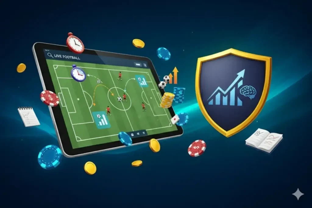 A digital tablet displaying a live football pitch with tactical arrows and "Live Football" search bar, surrounded by floating casino chips, gold coins, stopwatches, and a gold-bordered shield featuring a rising growth chart and a brain icon.