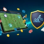 A digital tablet displaying a live football field with tactical data, surrounded by betting chips, coins, and a protective shield featuring a growth graph and a brain icon.