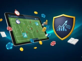 A digital tablet displaying a live football field with tactical data, surrounded by betting chips, coins, and a protective shield featuring a growth graph and a brain icon.