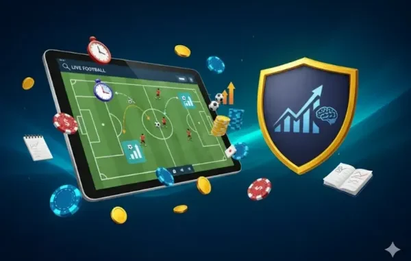 A digital tablet displaying a live football field with tactical data, surrounded by betting chips, coins, and a protective shield featuring a growth graph and a brain icon.