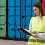A female logistics manager in a high-visibility safety vest holding a clipboard while standing in front of green, blue, and red shipping containers.