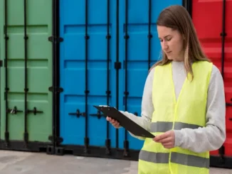 A female logistics manager in a high-visibility safety vest holding a clipboard while standing in front of green, blue, and red shipping containers.