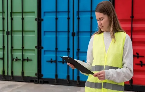 A female logistics manager in a high-visibility safety vest holding a clipboard while standing in front of green, blue, and red shipping containers.