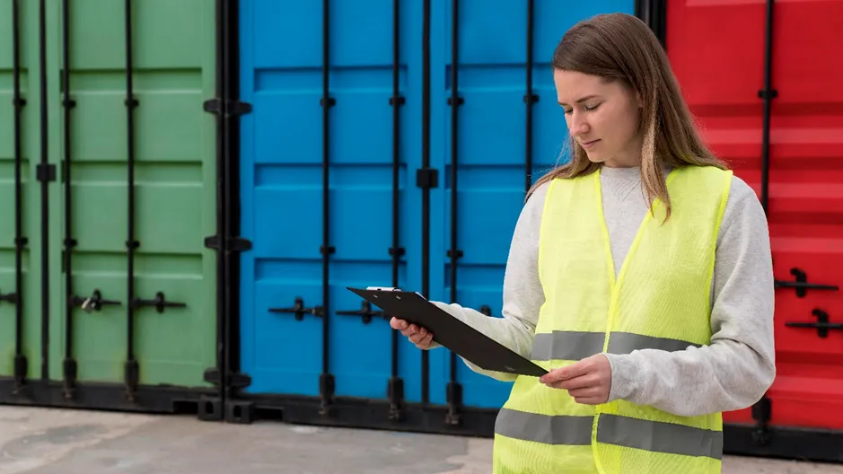 A logistics professional in a high-visibility safety vest holding a clipboard while standing in front of stacked green, blue, and red shipping containers at a freight terminal.