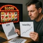 A man comparing two graphs labeled "RTP" and "Volatility" in front of a computer screen displaying a digital slot machine.