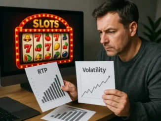 A man comparing two graphs labeled "RTP" and "Volatility" in front of a computer screen displaying a digital slot machine.